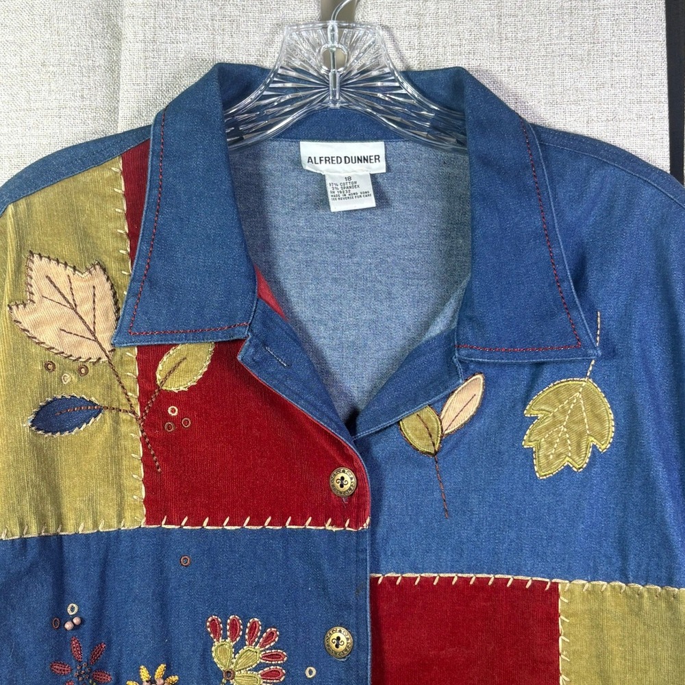 Alfred Dunner Womens Denim Patchwork Jacket Floral Embroidered Corduroy Blue  18